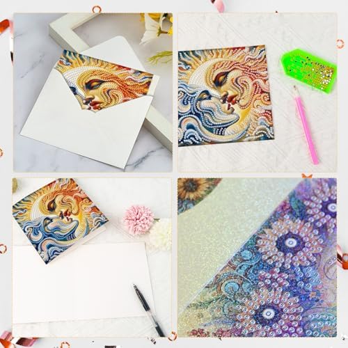 LazyFold 6 Pcs Diamond Art Painting Greeting Cards Kits, DIY Sun and Moon Handmade Festival Greeting Cards with Envelopes Diamond Art Crafts Birthday Cards Creative Gift - Image 4