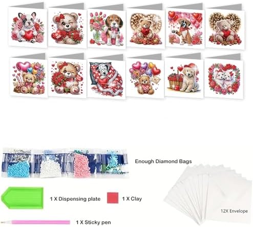 12Pcs DIY Diamond Art Greeting Cards Kit with Envelopes&Tools - Create Your Own Sparkling Birthday, Thank You, Holiday Cards for Adults & Beginners(Valentines Bear Dog) - Image 5