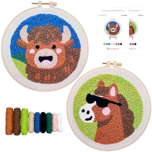 Punch Needle Kit for Adult Beginner, 2-Pack Horse & Highland Cow Punch Embroidery Starter Set with Instructions – Yarn Needle Punch Craft for Xmas Gift Idea & Home Wall Decor by PunchBloom