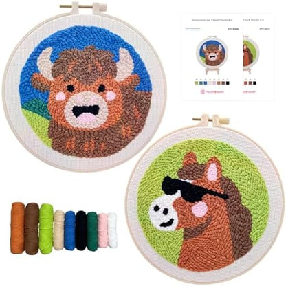 Punch Needle Kit for Adult Beginner, 2-Pack Horse & Highland Cow Punch Embroidery Starter Set with Instructions – Yarn Needle Punch Craft for Xmas Gift Idea & Home Wall Decor by PunchBloom