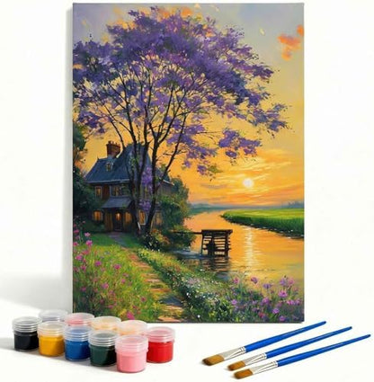 Amphol Paint by Numbers Kit for Adults Beginners - Sunset Cottage DIY Paint by Numbers Kit on Unframed 16"x20" Canvas, Landscape Oil Painting by Number for Wall Decor, Complete Acrylic Paint Set by Amphol