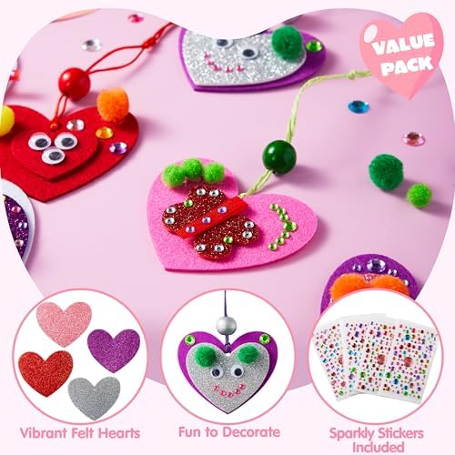 JOYIN Valentines Day 264 Pcs DIY Heart Felt Craft Set, Felt & Glitter Hearts & Wooden Beads & Plastic Eyes & Colorful Paper Ropes for Valentine's Day Kids Craft Party Classroom Ornaments Decorations - Image 3