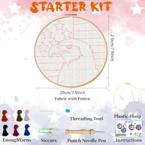 BEUNITONE 2Pcs Punch Needle Kit for Beginners, American Flag Starter Embroidery Kits with Frame & Instructions, Needle Felting Kit Poke Art for Adults DIY Craft for Coasters, Bags, Clothes Decor - Image 2