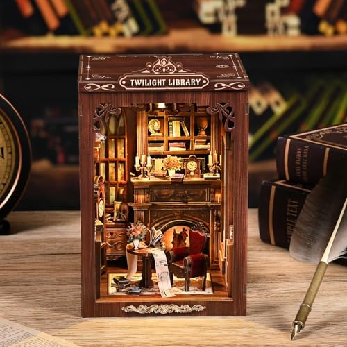 Library Book Nook Kit, DIY Miniature House Kit with LED, Vintage Study Bookshelf Decor, 3D Wooden Puzzle Craft, Gifts for Readers, Adults, Teens, Beginners (Twilight Library) - Image 3