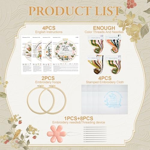 ElasignShopo 4 Set Embroidery Kit for Beginners Adults Book Lovers Embroidery Starter Kit Books Flowers Pattern Hand Crewel Cross Stitch Kits Includes Instruction 2 Hoops Color Threads Needles - Image 2