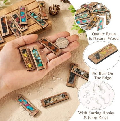 Boutigem 54Pcs Rectangle Resin Wooden Earring Kit with Walnut Wood Statement Charms Earring Hooks Jump Rings for DIY Crafts Earring Key Chain Making Supplies - Image 3