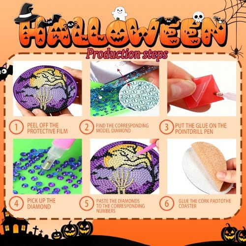 6 Pcs Halloween Diamond Art Coasters Kits,Diamond Painting Coasters Kits - Image 3