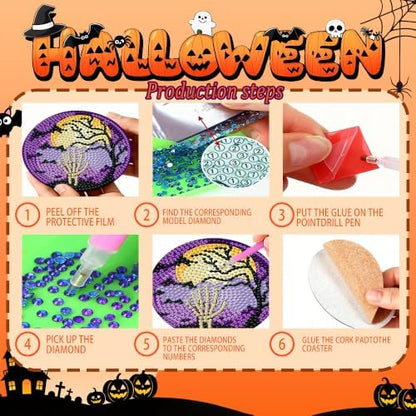 6 Pcs Halloween Diamond Art Coasters Kits,Diamond Painting Coasters Kits - Image 3