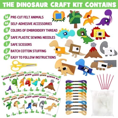 CiyvoLyeen Dinosaur Sewing Craft Kit DIY Kids Craft and Sew Set for Girls and Boys Educational Beginners Sewing Stuffed Animal Felt Plush Ornaments Set of 14 Sewing Kits for Kids Age 8 9 10 11 12 - Image 5