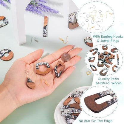 10 Pairs Wood Resin Pendants Vintage Resin Walnut Wood Charms Black Brown Sequins Charms Rectangle Oval Teardrop Wooden Dangle Earring Making Kit with Earring Hooks for Bohemian Jewelry - Image 2