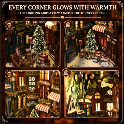 3D Puzzle for Adults, Christmas Street Wooden Model Kit with LED Lights - Image 4