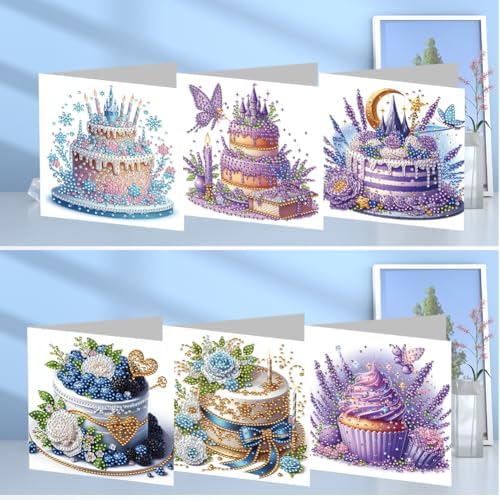 jinglinhh 6pcs Castle Birthday Cake Diamond Art Painting Greeting Cards with Envelopes, DIY Card Making Kits for Adults, Diamond Art Postcards Christmas Cards Craft Gifts - Image 4