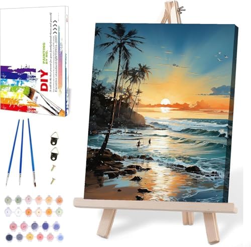 MIRCVSH Beach Paint by Number Kit, Framed Landscape for Adults, 12x16 Inch on Canvas with Wooden Easel by MIRCVSH