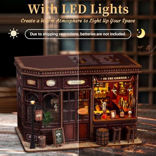 Book Nook Kit for Adults, DIY Miniature House Kits, Corner Tavern 3D Wooden Dollhouse with Sensor LED Light, Corner Bar Building House Bookend Model Craft, Home Bookshelf Decor Birthday Gift - Image 4