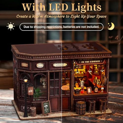 Book Nook Kit for Adults, DIY Miniature House Kits, Corner Tavern 3D Wooden Dollhouse with Sensor LED Light, Corner Bar Building House Bookend Model Craft, Home Bookshelf Decor Birthday Gift - Image 4