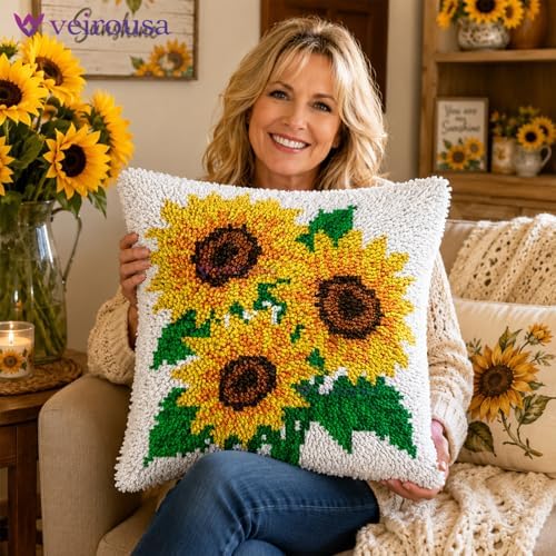 veirousa Sunflowers Latch Hook Pillow Kits for Adults Beginners, DIY Floral Throw Pillowcase Kit, Pre-Printed Rug Hooking Set, Cross-Stitch Cushion for Home Sofa Decor & Gift Idea 17x17 Inch - Image 2