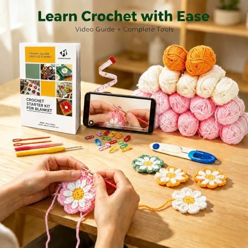 HHSarioneiro Crochet Blanket Kit for Beginners, Easy Granny Square Crochet Kit for Adults,with Step-by-Step Instructions and Clear Videos, Includes Multiple Accessories, Gift for Craft Lovers(Pink) - Image 3