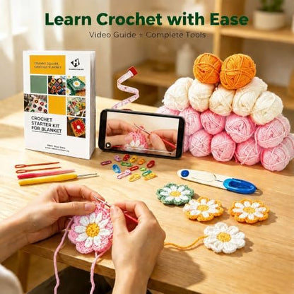 HHSarioneiro Crochet Blanket Kit for Beginners, Easy Granny Square Crochet Kit for Adults,with Step-by-Step Instructions and Clear Videos, Includes Multiple Accessories, Gift for Craft Lovers(Pink) - Image 3