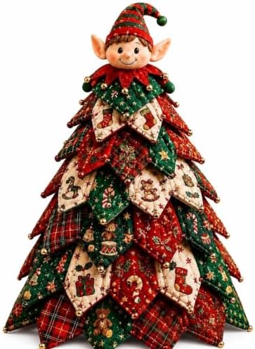 Quilted Christmas Tree Kit – Pre-Cut Fabric & Foam Cone DIY Tabletop Decoration with Tree Topper, No-Sew Holiday Craft Kit for Adults & Kids, Christmas Tree Decorations for Home, Party & Gifts (set4) by Unknown