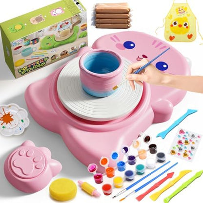 Skirfy Mini Pottery Wheel Kit for Beginners Kids,Electric Ceramic Wheel with Foot Pedal&Painting Kit, Adjustable Speed,Clay Spinner DIY Tools for Art Craft Birthday (CAT) by Skirfy