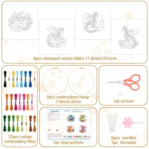 BEUNITONE 4 Set Embroidery Kits for Beginners with Dragon Pre-Print Patterns, DIY Craft Kits Include Instructions and 2 Embroidery Hoops, Cross Stitch Needlepoint Kits for Craft Lover and Home Decor - Image 2