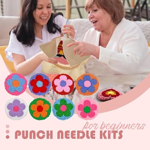 SEREDH Punch Needle Kit for Beginners Adults Easy Needle Punch Embroidery Set Including Threader Instruction Fabric Hoop Yarn Coaster DIY Making Kit Supplies,Set of 8 Flower Art Crafts Gifts - Image 2