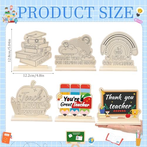 Yuntau 24 Pcs Color Your Own Teacher Appreciation Crafts Bulk Back to School Gifts First Day of School DIY Wooden Desktop Signs to Paint Classroom Crafts Kit for Thank You Teacher - Image 2