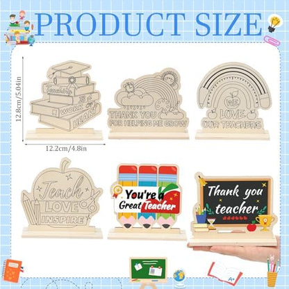 Yuntau 24 Pcs Color Your Own Teacher Appreciation Crafts Bulk Back to School Gifts First Day of School DIY Wooden Desktop Signs to Paint Classroom Crafts Kit for Thank You Teacher - Image 2