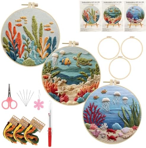 LYMIGER 3 Packs Embroidery Kit for Adults, Embroidery for Beginners (Sea) by Unknown