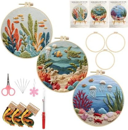 LYMIGER 3 Packs Embroidery Kit for Adults, Embroidery for Beginners (Sea) by Unknown