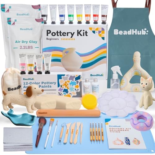 Air Dry Clay Pottery Kit for Adults Beginner, Starter Kit with 4.4Lbs Air-Dry Modeling Clay, Sculpting Tools, Paint & Glaze, Molding, Sculpt & Painting Set Hobby DIY Art Craft Kits (Gray Beige) by BeadHub