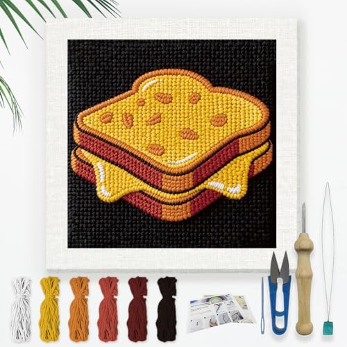Doodlream Grilled Cheese Sandwich Needle Kit for Beginner, 9.4"x 9.4" Fun Food Punch Stitching Craft Set, DIY Embroidery Starter with Printed Frame, Instruction, Threader, Yarn, Pinch Needle by Doodlream