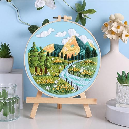 ERKOON 3 Sets Embroidery Kit, Floral Cross Stitch Set for Include Embroidery Cloth Hoops Threads for Craft Lover Hand Stitch (Landscapes) - Image 6