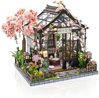 DIY Miniature House Kit, Sakura Greenhouse Tiny 3D Wooden House Making Set for Adults, Dollhouse Bookshelf Decor with Furniture & LED Lights, Christmas Birthday Craft Gift for Friend by Hallisun
