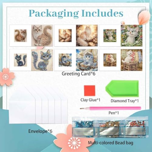 Artiphile DIY Pearl Art Painting Greeting Card Set Crafts Decor 6-Piece Foldable Cards Kit with Envelopes and Tools for Holiday Wishes Adult Crafting Project-Cat - Image 4