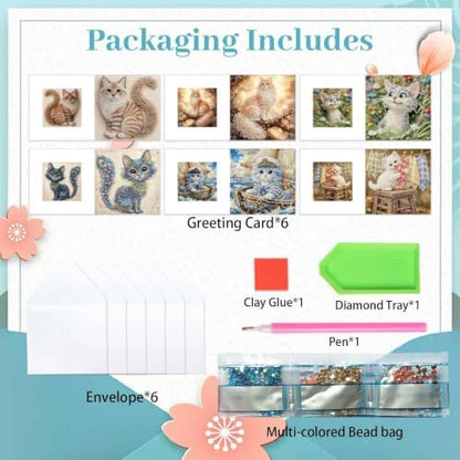 Artiphile DIY Pearl Art Painting Greeting Card Set Crafts Decor 6-Piece Foldable Cards Kit with Envelopes and Tools for Holiday Wishes Adult Crafting Project-Cat - Image 4