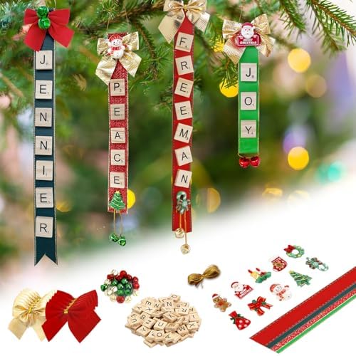 Christmas Ornaments Tree Decorations Personalized Crafts for Adults Kit DIY Ribbon Letter Tiles Bells Rustic Stockings Name Tags Hanging Xmas Decor for Gifts Wreath Holiday(Red & Green) by Leyzan