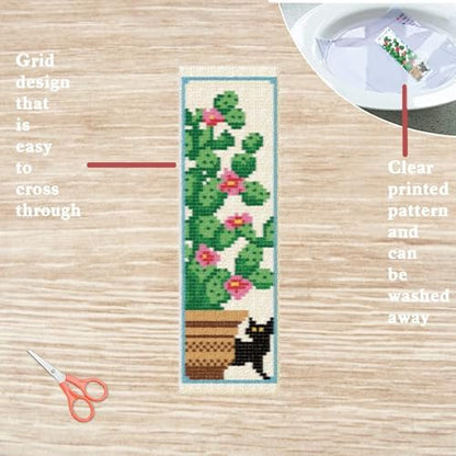 FREEBLOSS 6 Set Cross Stitch Bookmark Kits Cat and Potted Plants Stamped Cross Stitch Kit for Beginners, Printed Embroidery Bookmarks Kit with Instructions for Adults, 8''x2.4'' - Image 3
