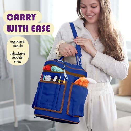 Hearth & Harbor Crochet Bag Organizer – Durable Knitting Bag, Yarn Organizer for Accessories and Supplies, Canvas Yarn Holder, Crochet Carrying Case with Accessories Pouch, Storage Organizer – Blue - Image 5