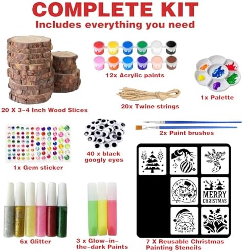Natural Wood Slices for Crafts, 20 Pcs 3-4 Inch Unfinished Wooden Circles with DIY Painting Kit, Christmas Stencils, Wood Ornaments for Holiday Decor, Wedding, Adult Crafting & Art Projects - Image 3