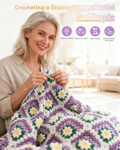 Coopay Crochet Blanket Kit for Beginners, Easy 3D Granny Square Blanket Kit - Image 4