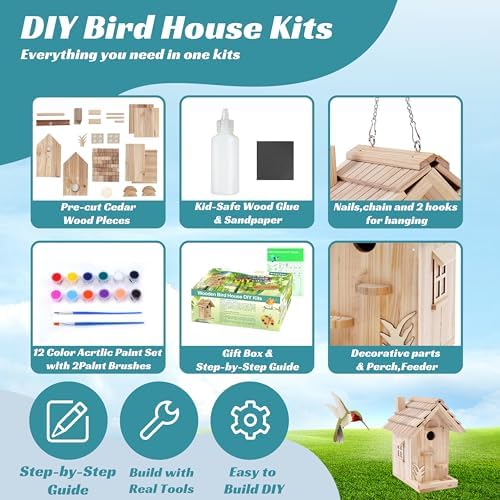 DIY Birdhouse Building Kit for Adults, Wooden Bird Houses to Paint for Kids, Outdoor Woodworking Kits Adult Crafts for Outside(Wood, 6.5in) - Image 2