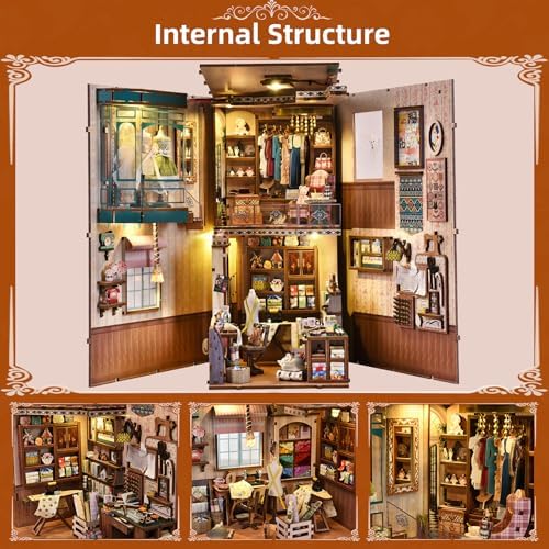 fifijoy Book Nook Kit, LED 3D Wooden Puzzle with Dust Cover, 460 Wooden Pieces, DIY Bookshelf Insert Decor Gifts for Book Lovers (Sewing Room) - Image 4