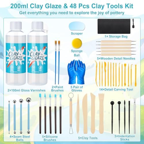 Lezmarket 200ml Air Dry Clay Glaze and 48 Pcs Clay Tools Kit, (Gloss) - Image 2
