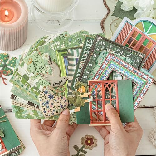 Diuhofart Scrapbooking Supplies Kit, 45 Pieces Green Aesthetic Junk Journal Kit with Scrapbook Paper, Embossed Collage Cards and Stickers for Journaling Supplies, DIY Art Craft, Collage - Image 2