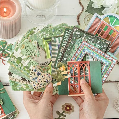 Diuhofart Scrapbooking Supplies Kit, 45 Pieces Green Aesthetic Junk Journal Kit with Scrapbook Paper, Embossed Collage Cards and Stickers for Journaling Supplies, DIY Art Craft, Collage - Image 2