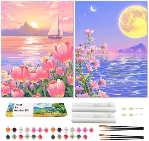 Qaisxoty Paint by Numbers Kit for Adults Beginners, Easy 2 Pack Lake Landscape Paint by Numbers Kit on Rolled Canvas, Acylic Painting by Numbers for Great Gift & Home Decor - 12” x 16” by QaisxotyPaintbyNumberKits