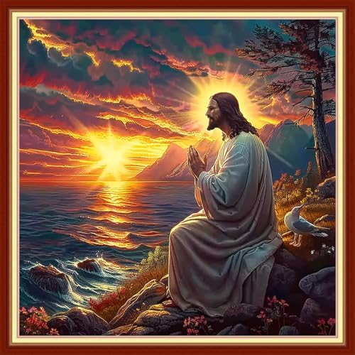 Joyhoor Cross Stitch Kits for Beginners Stamped Cross-Stitch Supplies Needlework preprint Embroidery Kits for Adults DIY Needlepoint Kit Embroidery Patterns 11CT-Prayer of Jesus by Sea 18x18 inch by JoyhoorCrossStitchKits