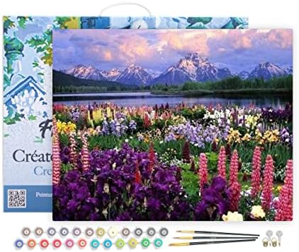 Figured'Art Paint by Numbers Kit for Adults with Frame Flowers and Lake Near The Mountain 16"x20" - Craft Art Painting DIY Kit Canvas Already Stretched on a Wooden Frame by FiguredArt
