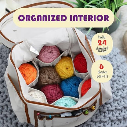 Hearth & Harbor Crochet Bag Organizer – Durable Knitting Bag, Yarn Organizer for Accessories and Supplies, Canvas Yarn Holder, Crochet Carrying Case with Accessories Pouch, Storage Organizer–Warm Gray - Image 3